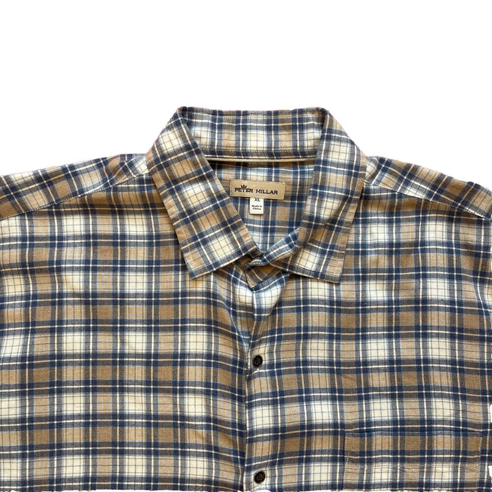 Peter Millar Men's XL Blue‎ Tan Plaid Long Sleeve Button Flannel Shirt #167